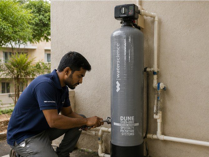 WaterScience technician installing a DUNE filtration system at a customer site