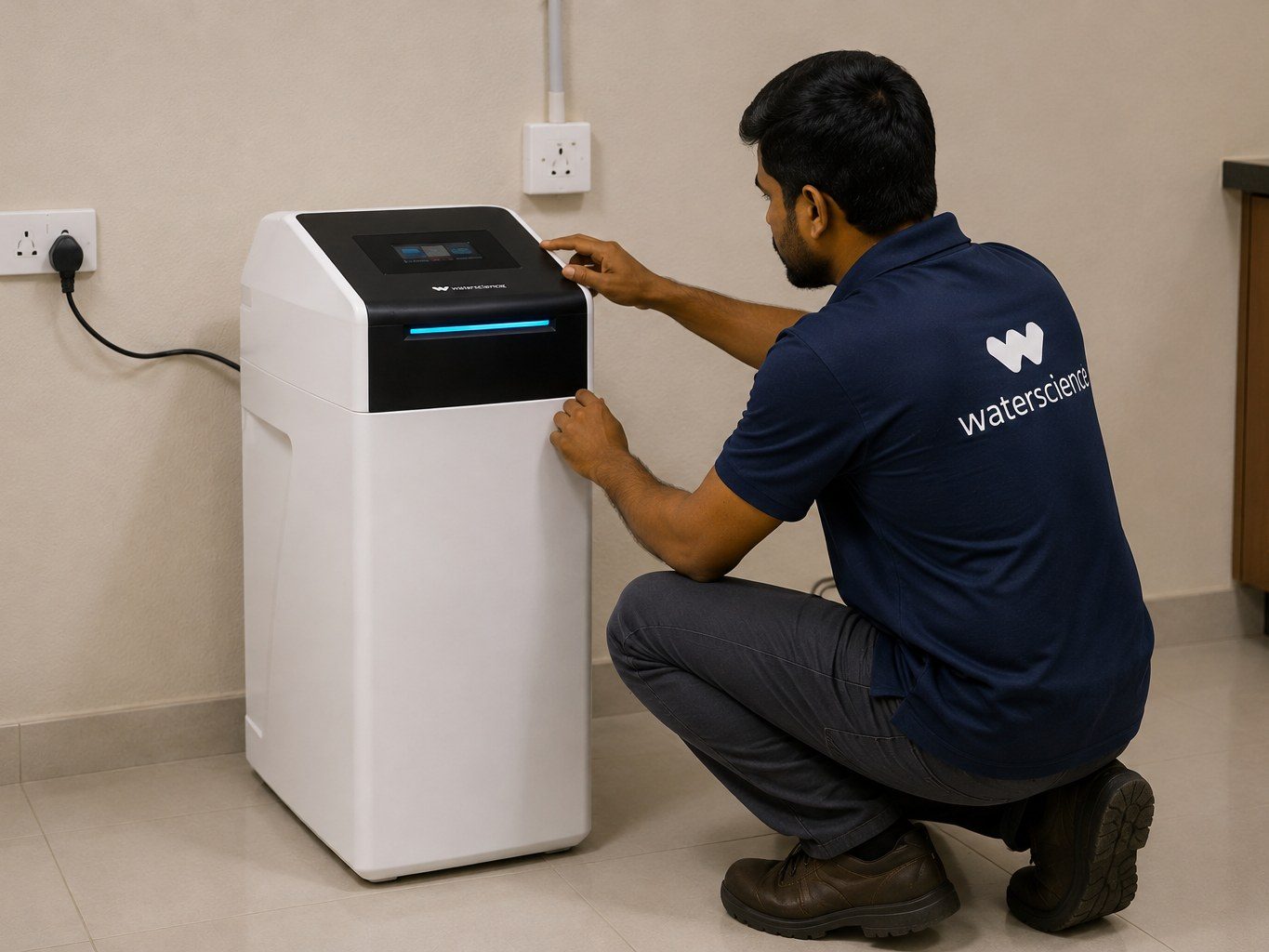 WaterScience technician setting up a filtration unit in a customer home